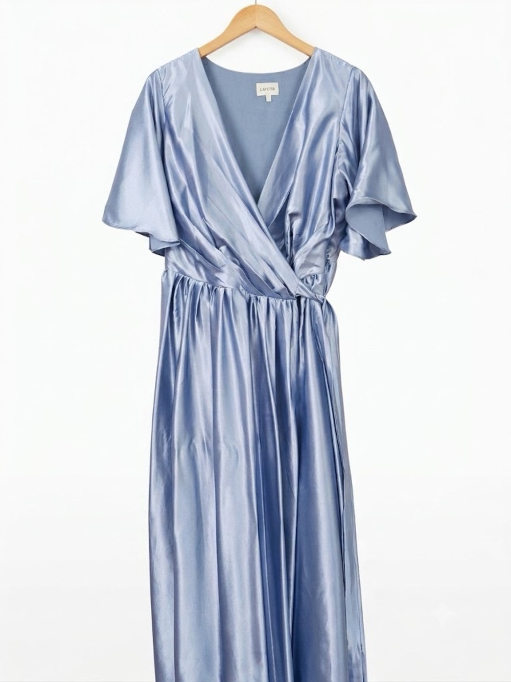 Light Blue Satin Wrap Maxi Dress by LATTOR